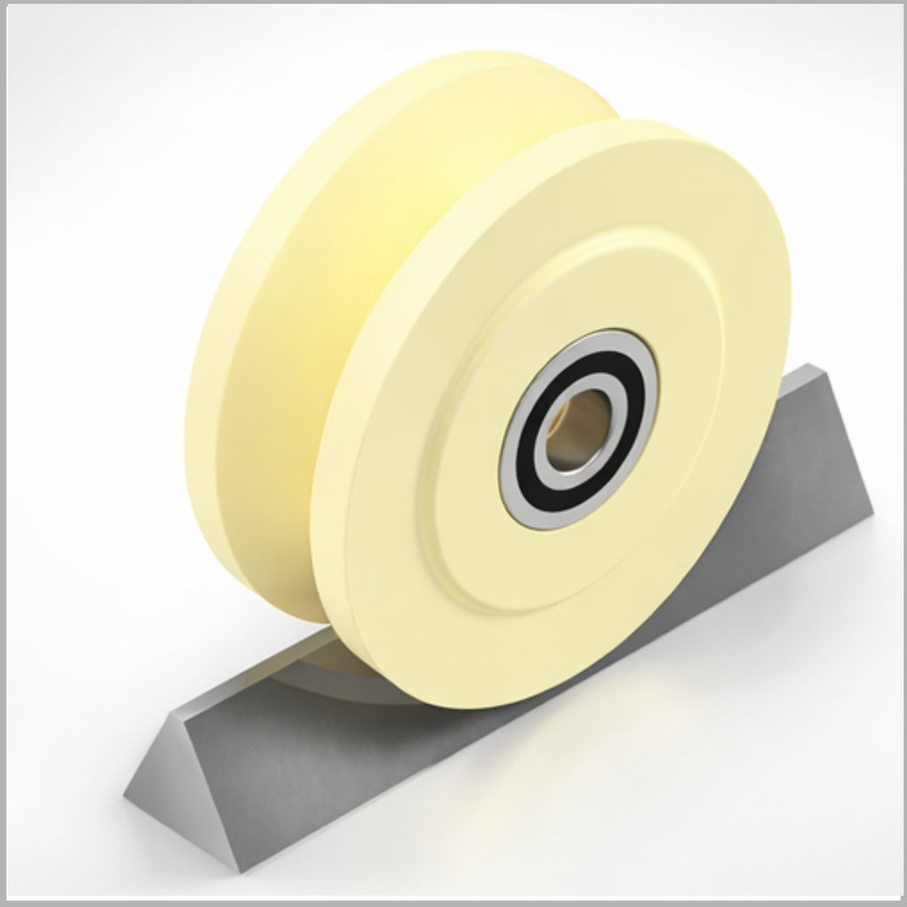 V-Nut 90° / 25 mm Führungsrolle für Winkelschienen aus PA6G natur – Ø 200 mm, Kugellager – DSPV-2505K/200/33/25