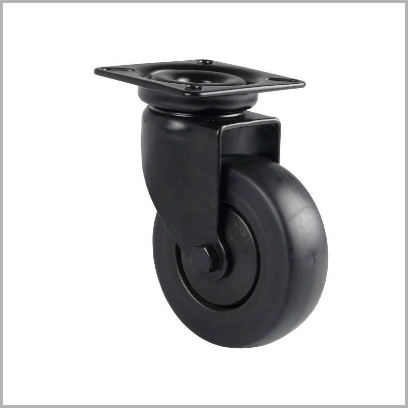Rueda giratoria negra con placa y rueda de goma negra sobre fondo blanco.